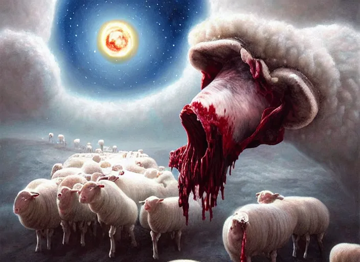 Prompt: gas giant sucking blood out of sheep heads, cosmic horror painting, elegant intricate digital painting artstation concept art by mark brooks and brad kunkle detailed