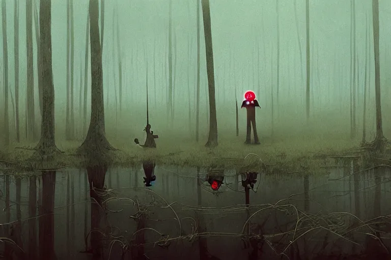 Image similar to scene from louisiana swamps, airboat with neon satanic pentagram, boy scout troop, voodoo artwork by tim eitel