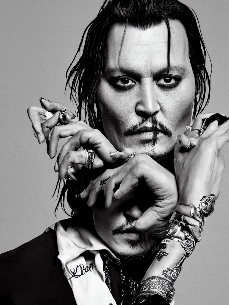 Image similar to portrait of johnny depp in black and white with dior logo, mysterious, inhumane, sauvage detailed, hd, hq, high resolution, high detail, 4 k, 8 k