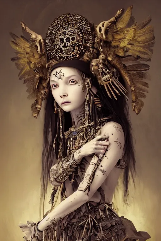 Image similar to A masterpiece ultrarealistic portrait of a Irristible angel princess tribal-shaman-knight-witch-ghost with Skull Iron mask. baroque renaissance girl in the night forest. medium shot, intricate, elegant, highly detailed. trending on artstation, digital art, by Stanley Artgerm Lau, WLOP, Rossdraws, James Jean, Andrei Riabovitchev, Marc Simonetti, Yoshitaka Amano. background by James Jean and Gustav Klimt, light by Julie Bell, 4k, porcelain skin.