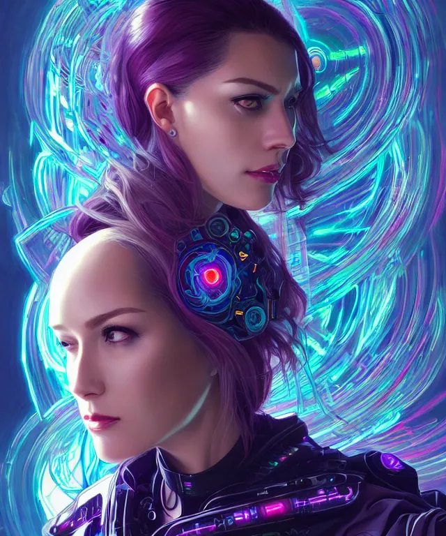 Prompt: beautiful adult woman wearing netrunner clothing, extremely detailed face, cyberpunk, cybernetic, cyborg, vaporwave aesthetic, synthwave, flowing hair, colorful, psychedelic, intricate, elegant, highly detailed, digital painting, artstation, concept art, smooth, sharp focus, illustration, art by artgerm and greg rutkowski and alphonse mucha