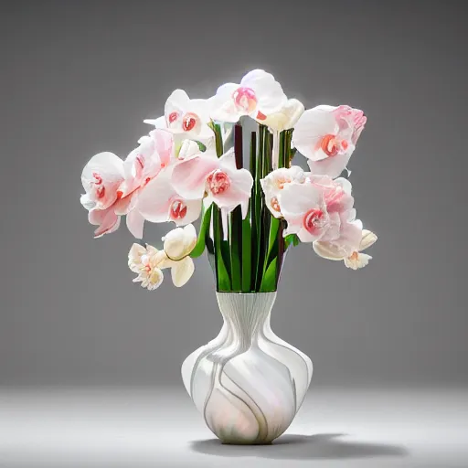 Image similar to genetically modified blend of rose lily carnation orchid ranunculus anenome, floral arrangement in futuristic!! vase made of mother of pearl, architectural digest, year 2 3 0 0