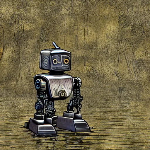 Prompt: ancient robot in a swamp, digital art