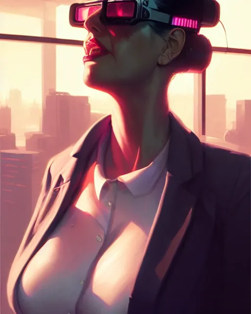 Prompt: cyberpunk corporate woman, overweight, comics page | | realistic shaded, fine details, realistic shaded lighting poster by greg rutkowski, diego gisbert llorens, magali villeneuve, artgerm, jeremy lipkin and rob rey