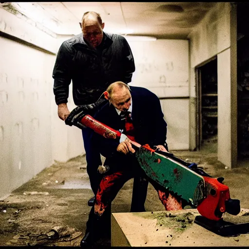 Image similar to putin with a chainsaw. in a concrete bunker with a pile of corpses. focus on putins face with blood splatters. canon eos r 3, f / 1. 4, iso 1 6 0 0, 1 / 8 0 s, 8 k, raw, grainy