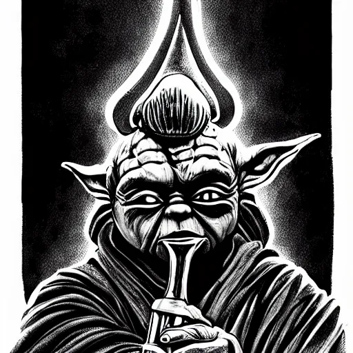 Prompt: Ink illustration Yoda playing the shofar, high contrast, trending on artstation