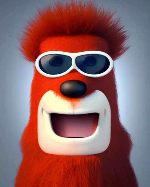 Image similar to 3 d render of completely red hairy friendly antropomorphic simple creature wearing chrome shades, without nose, full body, in the style of pixar, white background, unreal engine 5, octane render, highly detailed hdr