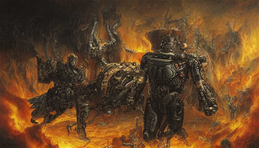 Prompt: robocop fighting demons in hell by agostino arrivabene