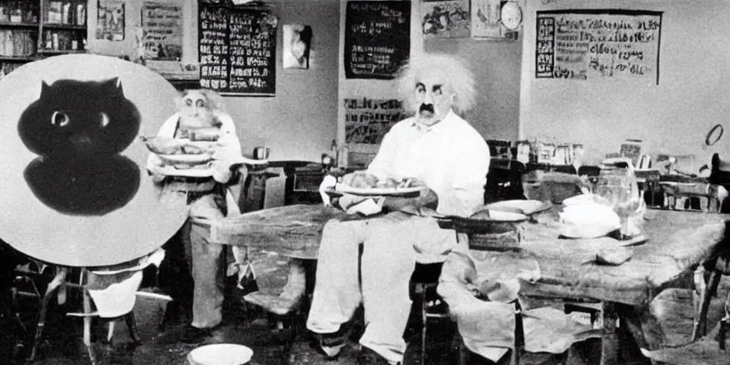 Prompt: old black and white photo of a cat solving M=mc2 on the blackboard in the background, with Albert Einstein eating a bowl of noodles in the Foreground, funny, ironic, silly