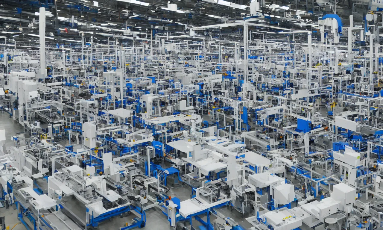 Prompt: modern automated production line with big robotic arms, one row, white, bright, technology, straight on, straight camera view