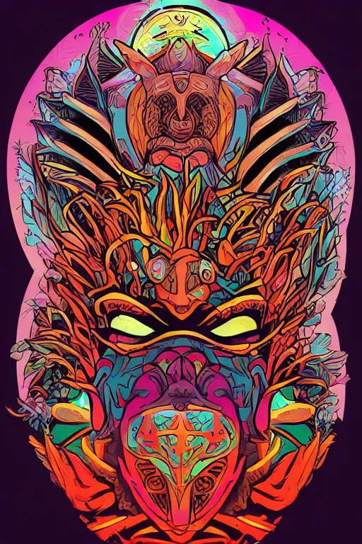 Image similar to animal mask totem roots flower tribal feather gemstone plant wood rock shaman vodoo video game vector cutout illustration vivid multicolor borderlands comics by josan gonzales and dan mumford radiating a glowing aura