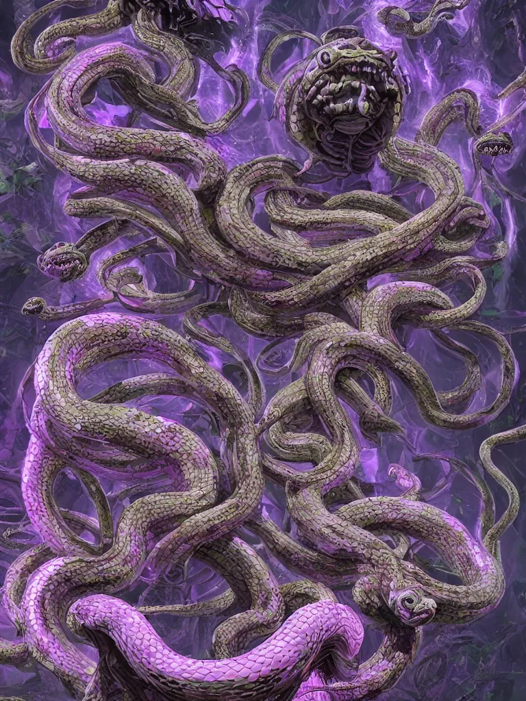 Image similar to beautiful medusa gorgon highly detailed snakes, cosmic horror, abstract, ghostly, arcade, duotone, poltergeist, epic lighting, intricate, elegant, highly detailed, smooth, sharp focus, photo real, ultra realistic, unreal engine 5, raytracing, in the style of beeple and mike winkelmann, ultraviolet colors,