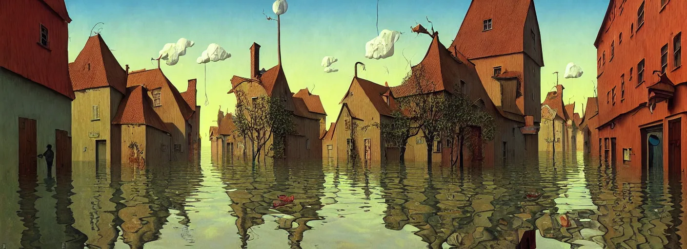 Prompt: flooded! old wooden empty cursed city street, very coherent and colorful high contrast masterpiece by gediminas pranckevicius franz sedlacek rene magritte norman rockwell, full - length view, dark shadows, sunny day, hard lighting, reference sheet white background