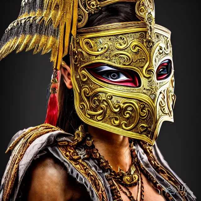 Image similar to full body portrait photo of a female warrior with ornate venetian mask, highly detailed, 8 k, hdr, close up, smooth, sharp focus, high resolution, award - winning photo