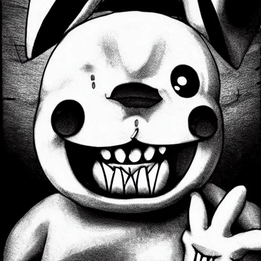 Image similar to ultra realistic pikachu from pokemon with a bloody smile + mouth full of sharp fangs + horror vibe + by junji ito - w 1 0 2 4