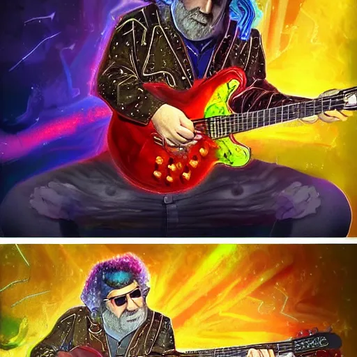 Image similar to a Jerry Garcia guitarist playing so intensely there is electricity shooting out from his guitar, energy beams under his finger tips, and magic sparkles from the freboard, amazing ditial art, trending on artstation, featured on deviantart