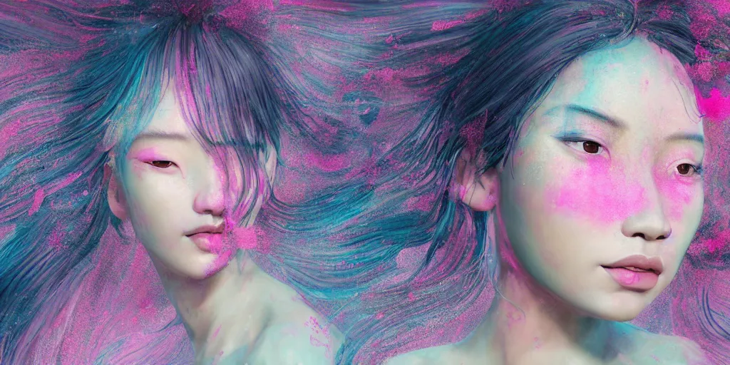 Image similar to a portrait of a very beautiful young asian goddess with pink and grey hair radiating an artwork made of swirling paint and impasto by wlop and botticelli, background is multicoloured volumetric displacement, hyperrealism, subsurface scattering, arnold render, noise to volume, 8 k, houdini, xparticles