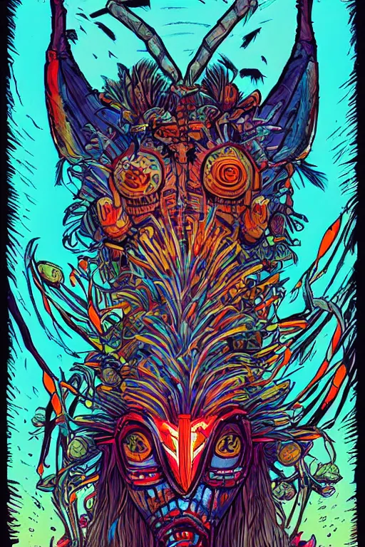 Image similar to totem animal tribal chaman vodoo mask feather gemstone plant wood rock video game illustration vivid color borderlands by josan gonzales and dan mumford radiating a glowing aura