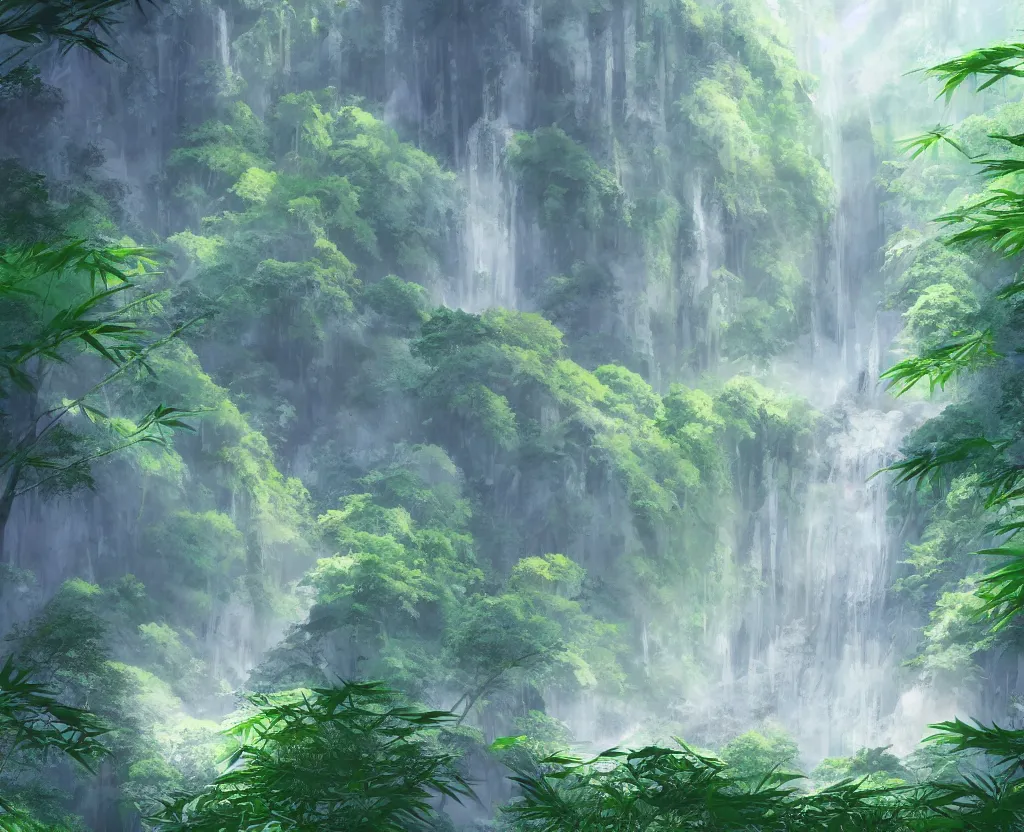 Prompt: misty japanese bamboo forest, cell shaded, huge waterfall, large rocky mountain, drawing, stylized anime, sun rays, soft, by hayao miyazaki, ghibli studio, makoto shinkai, toei animation, studio trigger, trending on artstation, 4 k, hd