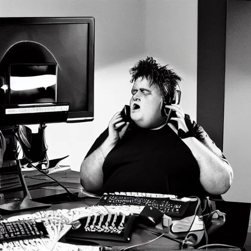 Image similar to obese Robert Smith wearing a headset yelling at his monitor while playing WoW highly detailed wide angle lens 10:9 aspect ration award winning photography by David Lynch