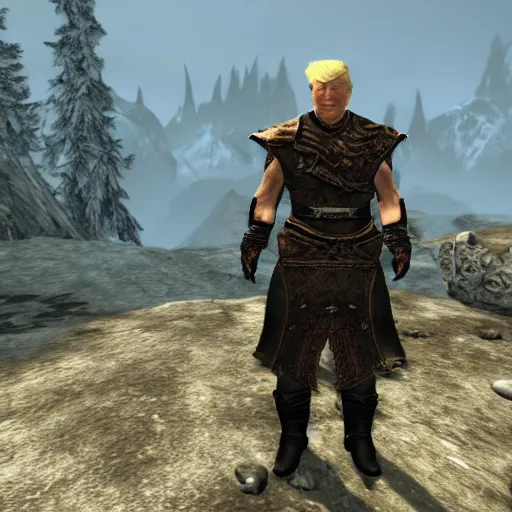 Prompt: video game screenshot of donald trump in skyrim