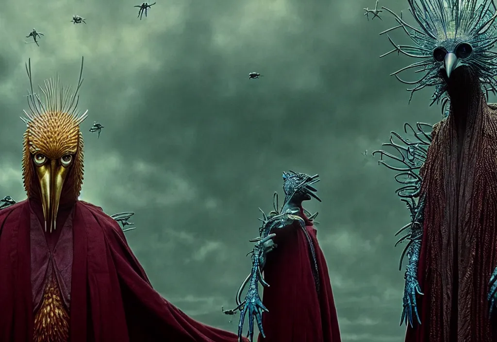 Image similar to realistic detailed portrait movie still of a birdman wearing dark robes, sci fi city landscape background by denis villeneuve, amano, yves tanguy, alphonse mucha, ernst haeckel, max ernst, ridley scott, roger dean, masterpiece, rich moody colours, cinematic, snarling dog teeth