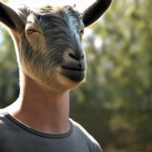 Image similar to A man with a goat head, photorealistic, film still