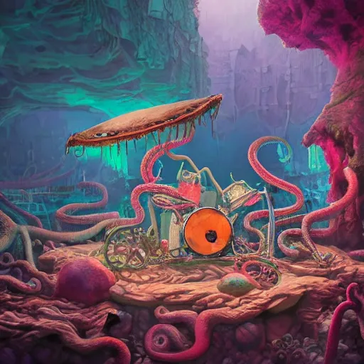 Image similar to dystopian fantasy undersea rock concert. On stage, the drummer is squid woman with tentacles playing a big rock&roll drum kit, by Philipp A. Urlich and Pengzhen Zhang an Andreas Rocha, fantasy, intricate, elegant, highly detailed, digital painting, artstation, blender, unreal engine 5, octane render, smooth, sharp focus, illustration