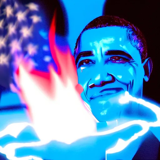 Image similar to Obama has a blue fire engulfing above his hand, Obama is smiling towards the viewer, 40nm lens, 4k,