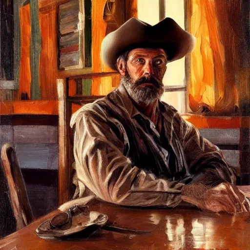 Image similar to modern stylized oil painting portrait wrinkled and rugged cowboy at table in western saloon, 1890, very very very very very very very beautiful masterpiece, realistic and detailed, artstation, interesting artificial spotlight lightning, cinematic, dramatic