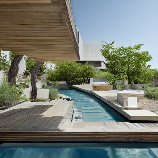 Prompt: brutalism habitat 6 7 building in the desert, biophilia mood, pool, garden, highly detailed, cinematic, photorealistic,