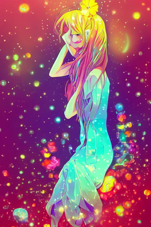 Prompt: psychedelic, whimsical, anime, 4k, beautiful intimate woman smoking with professional makeup, long trippy hair, a crystal and flower dress, sitting in a reflective pool, surrounded by gems, underneath the stars, rainbow fireflies, trending on patreon, deviantart, twitter, artstation, volumetric lighting, heavy contrast, art style of Ross Tran and Ilya Kuvshinov