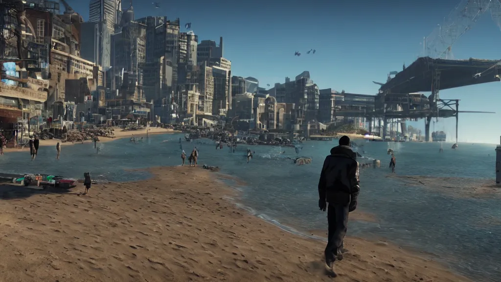 Prompt: Screenshot from Watchdogs at the beach