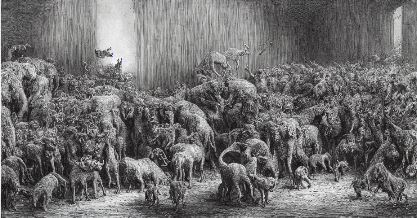 Image similar to One hundred politicians are locked in a cage in the zoo, the other animals are free to graze outside the cage, by Gustave Dore