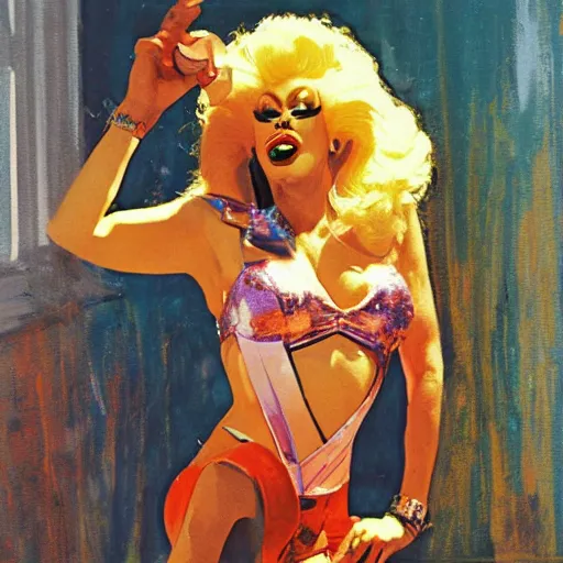 Prompt: drag queen licks the powder, lies on the parquet by john berkey in comic style