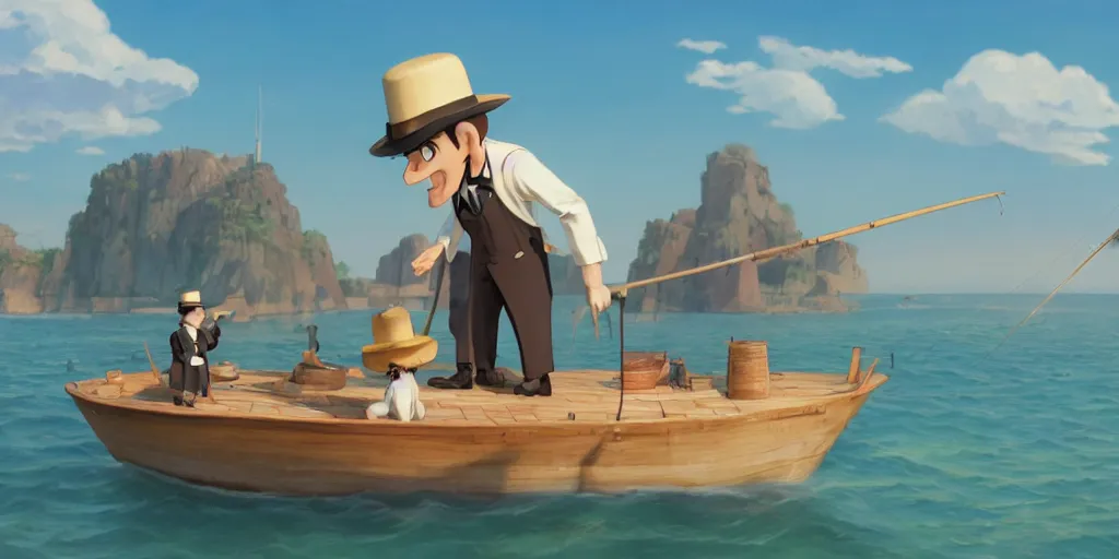 Prompt: a wholesome animation key shot of a cute abraham lincoln on a fishing boat wearing a sunhat, studio ghibli, pixar and disney animation, sharp, rendered in unreal engine 5, anime key art by greg rutkowski, bloom, dramatic, dynamic lighting