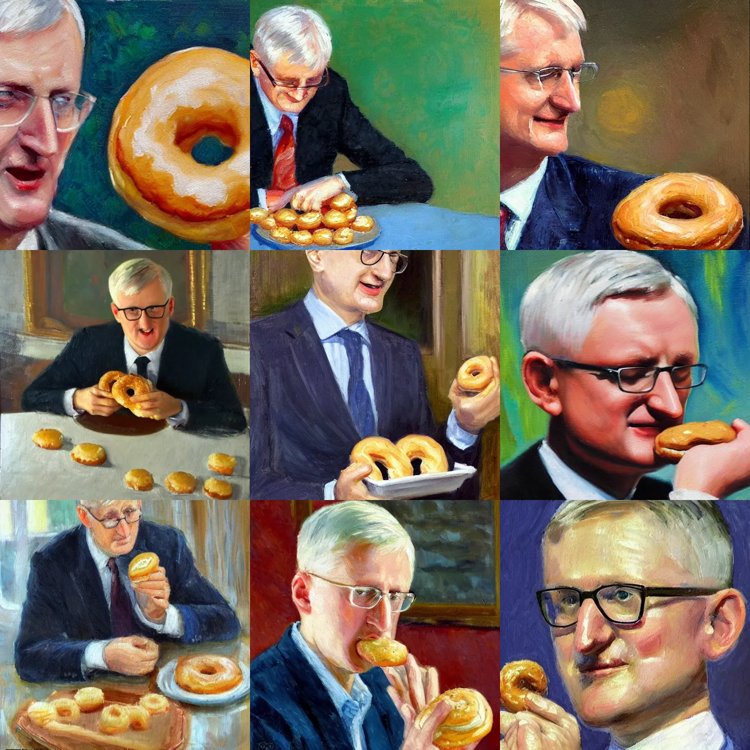 Prompt: An impressionist oil painting of Carl Bildt eating a doughnut