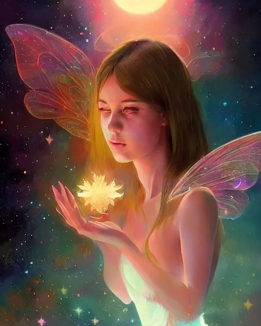 Image similar to a detailed digital art of an attractive!!!! girl with psychedelic! fairy wings sitting under the night sky and holding!! a crystal!! containing all of reality and galaxies, by greg rutkowski artgerm ilya kuvshinov. dramatic lighting, cinematic angle, heavy contrast