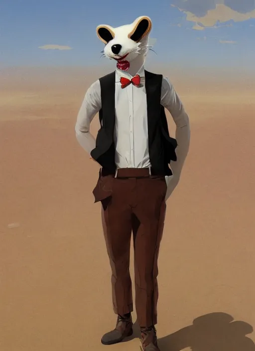 Image similar to Character portrait of a happy furry anthro stoat wearing a white dress shirt, tan vest, red bowtie, and black slacks in the desert wilderness, intricate, elegant, highly detailed, digital painting, artstation, concept art, smooth, sharp focus, illustration, art by Krenz Cushart and Artem Demura and alphonse mucha