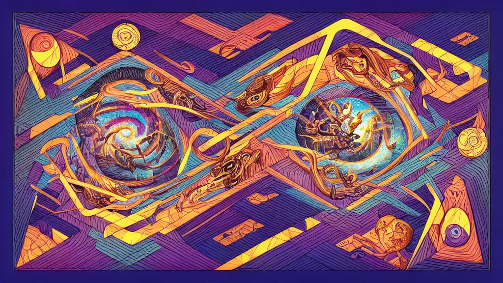 Image similar to twisted turn of fate abstraction, centered award winning ink pen illustration, isometric abstract illustration by dan mumford, edited by craola, tiny details by artgerm, finished by tooth wu and watercolor girl, symmetrically isometrically centered