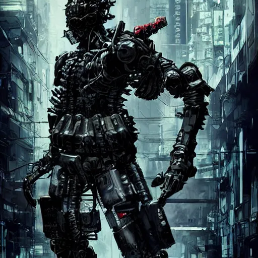 Image similar to a post-apocalyptic cyberpunk grimdark demon in the style of leonard boyarsky in the style of Yoji Shinkawa detailed realistic HD 8k High Resolution