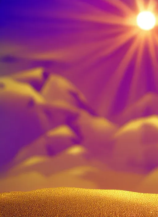 Image similar to rising sun burst gold rays dawn purple clouds sand gold salt crystals sharp detail 3d render simple background graphic ultra simplified fai khadra gaika style