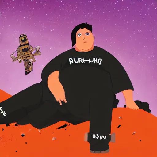 Image similar to portrait of an overweight depressed teenager with emo haircut wearing gothy purple and black spandex suit, sitting next to smashed burning spacecraft wreckage, on the orange surface of mars, highly detailed, dramatic lighting, photorealistic, cinematic