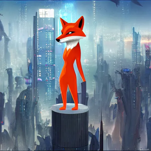 Prompt: an anthropomorphic fox, holding her paws together behind her back staring over a futuristic city from the top of a roof, highly coherent, trending on furaffinity, cyberpunk