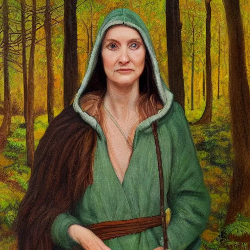 Prompt: a portrait of a druid in a forest, detailed painting, 4 k, green hood, brown dress