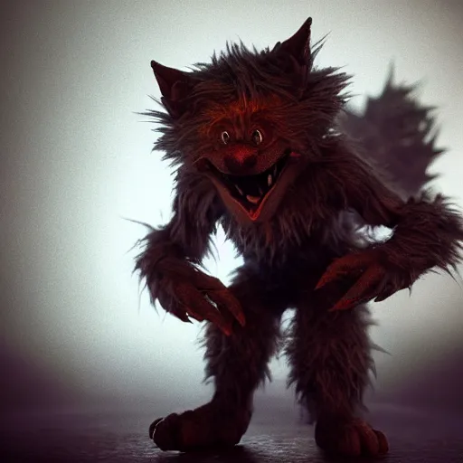 Image similar to full body pose, hyperrealistic photograph of a cute fuzzy goblin monster, dim volumetric lighting, 8 k, octane beautifully detailed render, extremely hyper detailed, intricate, epic composition, cinematic lighting, masterpiece, trending on artstation, very very detailed, stunning, hdr, smooth, sharp focus, high resolution, award, winning photo, dslr, 5 0 mm