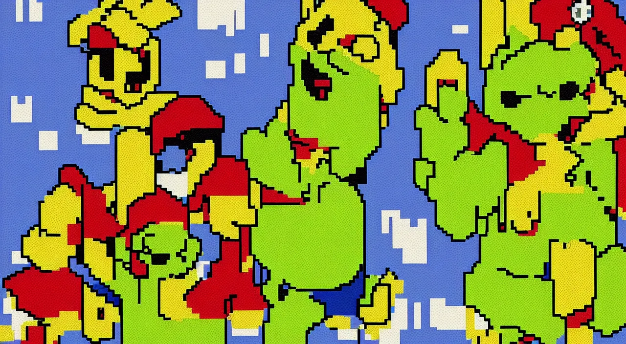 Prompt: pixel art, dithered professional artwork, fanart mashup, Pikachu and Mario and Shrek, Mario and Pikachu are staring confused at Shrek, High Resolution Pixel Artwork, trending, very very cute and detailed