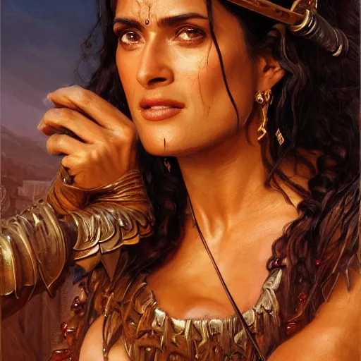 Image similar to a portrait of Salma Hayek as a barbarian, detailed, centered, digital painting, artstation, concept art, donato giancola, Joseph Christian Leyendecker, WLOP, Boris Vallejo, Breathtaking, 8k resolution, extremely detailed, beautiful, establishing shot, artistic, hyperrealistic, beautiful face, octane render