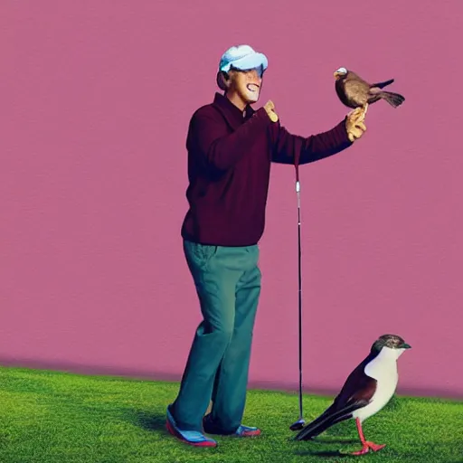 Image similar to man golfing and pointing to a bird who stole the ball, audience looking and laughing