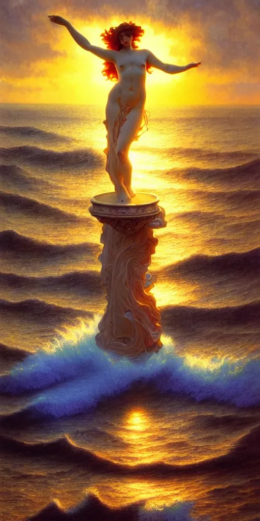 Prompt: ocean wave around ancient angel statue, lsd water, dmt ripples, backlit, sunset, refracted lighting, art by collier, albert aublet, krenz cushart, artem demura, alphonse mucha